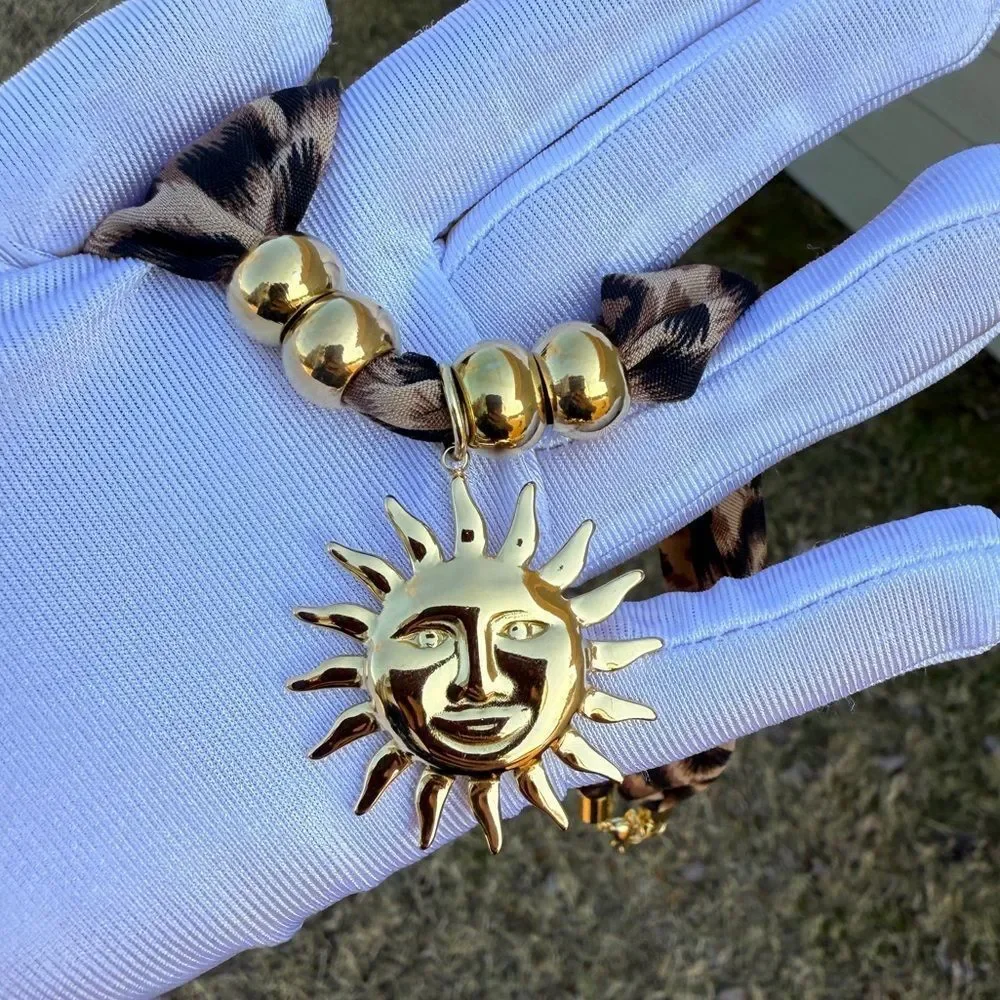 Leopard Print Scarf Necklace with Gold Sun Pendant – Bold, Glamorous & Unique - Picture 5 of 13